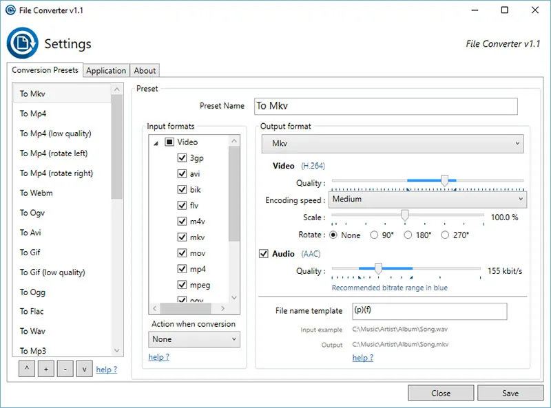 Окно настроек программы File Converter