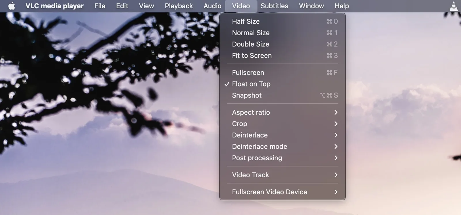 Меню «Видео» в VLC на Mac с отмеченным пунктом Float on Top
